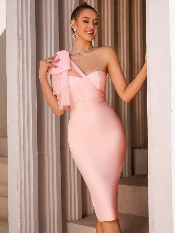 One Shoulder High Waist Bandage Dress Baby Pink