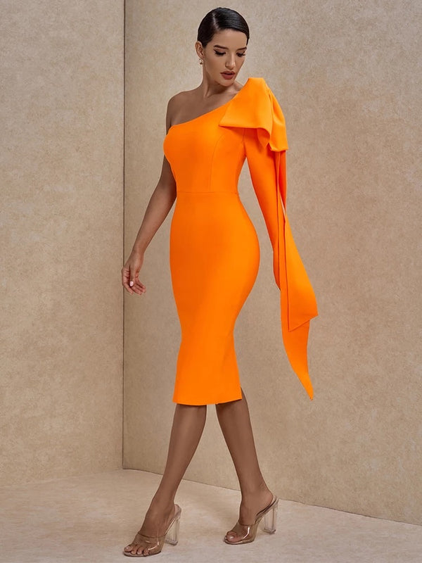 Adriana One Sleeve Bandage Dress- Orange